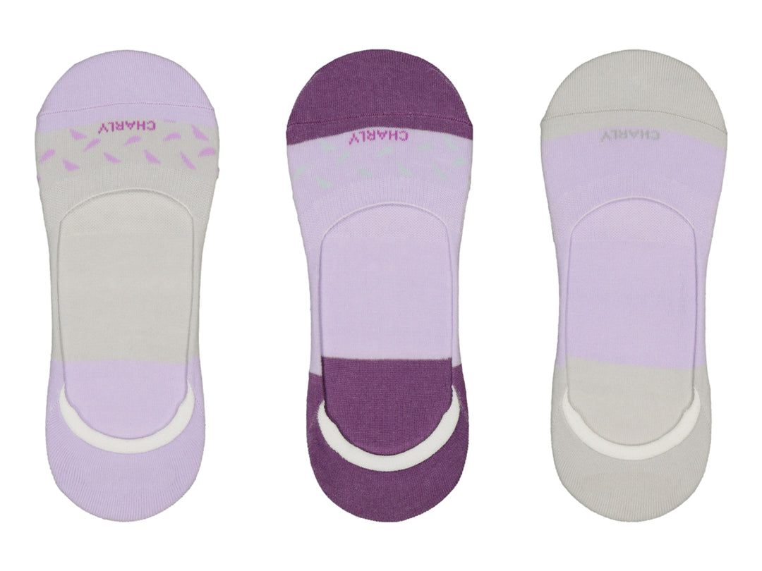 Set de tres pares de calcetines invisibles tipo liner en colores morado, lila y gris de la marca Charly.