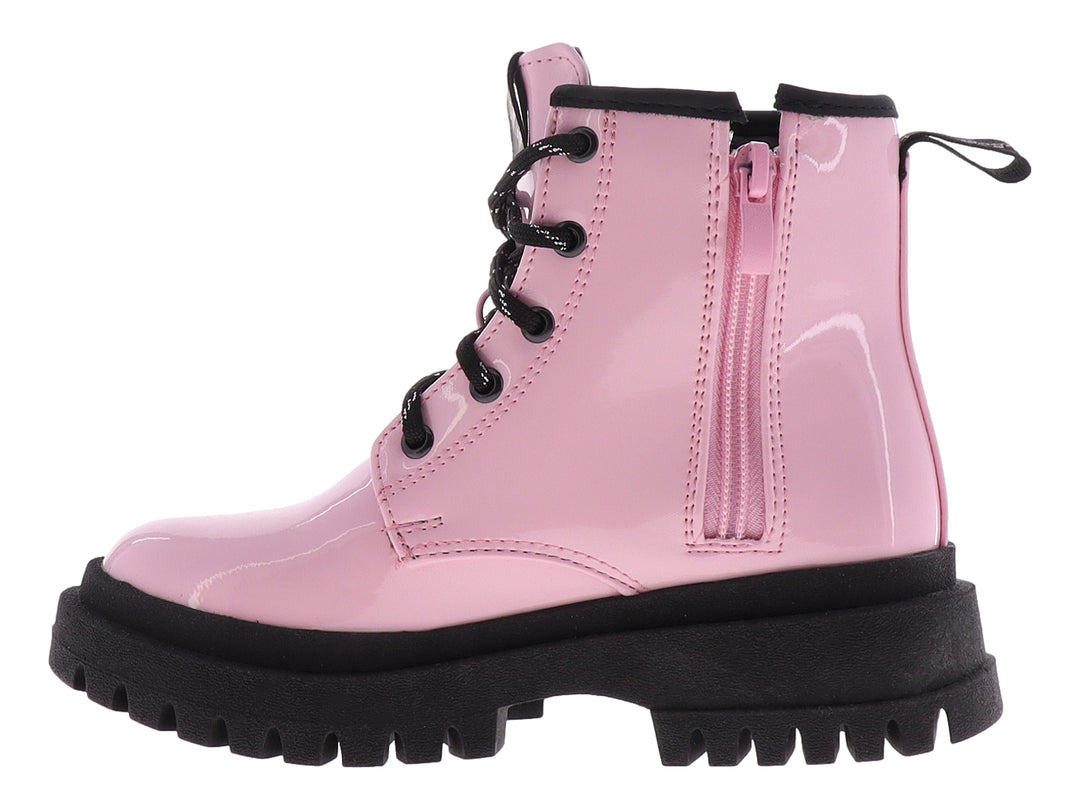 Botas de charol rosa pastel con plataforma negra y diseño de Minnie Mouse para niña.