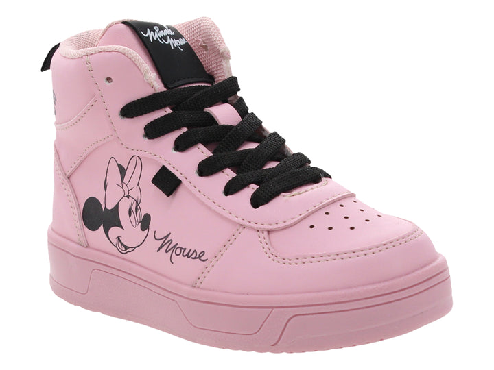 Tenis rosa de bota para niña con diseño de Minnie Mouse y agujetas negras.