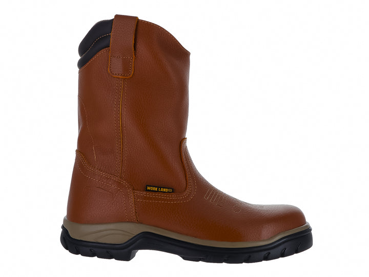 Bota de cuero color miel con suela negra y café, diseño de caña alta para trabajo o uso rústico.