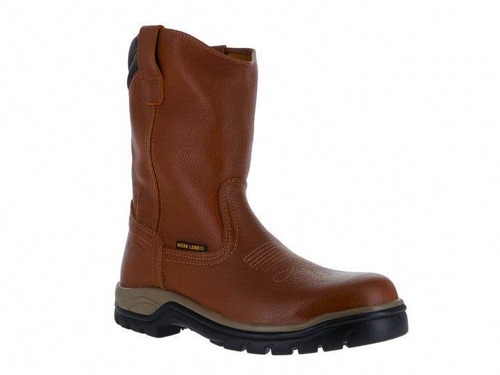 Bota de cuero color miel con suela negra y café, diseño de caña alta para trabajo o uso rústico.