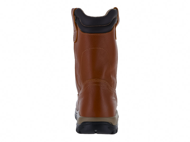 Bota de cuero color miel con suela negra y café, diseño de caña alta para trabajo o uso rústico.