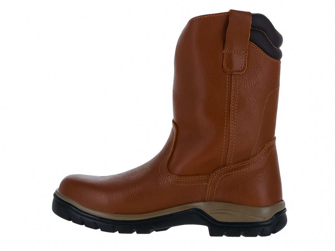 Bota de cuero color miel con suela negra y café, diseño de caña alta para trabajo o uso rústico.