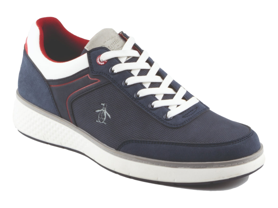 Tenis Penguin color azul marino con detalles en blanco y rojo, suela blanca y agujetas blancas.