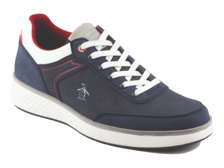 Tenis Penguin color azul marino con detalles en blanco y rojo, suela blanca y agujetas blancas.