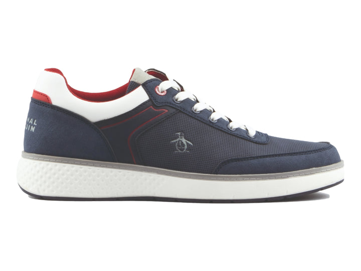 Tenis Penguin color azul marino con detalles en blanco y rojo, suela blanca y agujetas blancas.