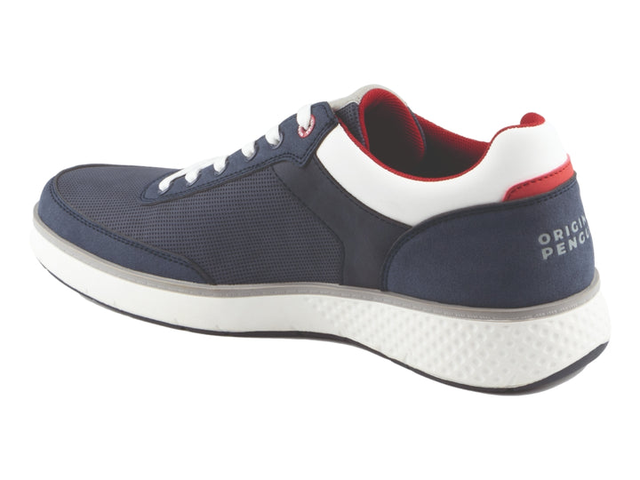 Tenis Penguin color azul marino con detalles en blanco y rojo, suela blanca y agujetas blancas.