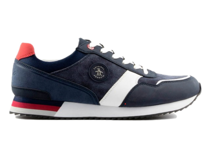 Tenis PENGUIN VIGGO color marino con detalles en blanco y rojo, suela blanca y cordones blancos.