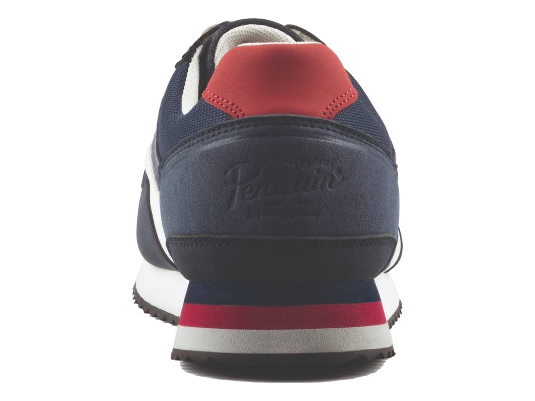 Tenis PENGUIN VIGGO color marino con detalles en blanco y rojo, suela blanca y cordones blancos.