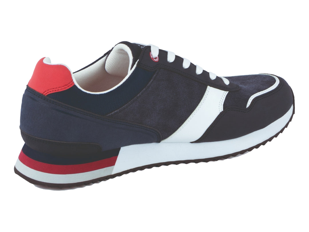 Tenis PENGUIN VIGGO color marino con detalles en blanco y rojo, suela blanca y cordones blancos.