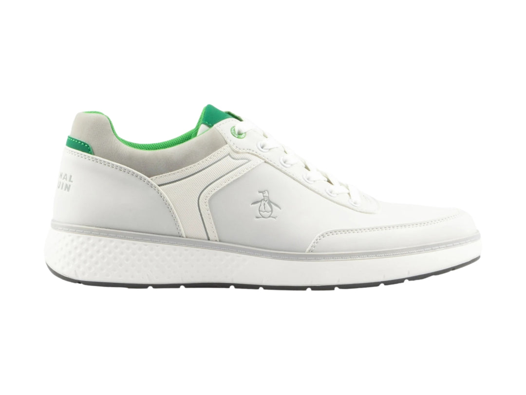 Tenis blancos PENGUIN GORAN con detalles en color verde y suela blanca.