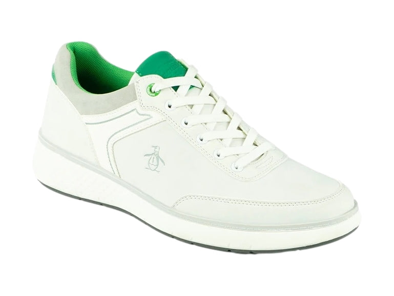 Tenis blancos PENGUIN GORAN con detalles en color verde y suela blanca.