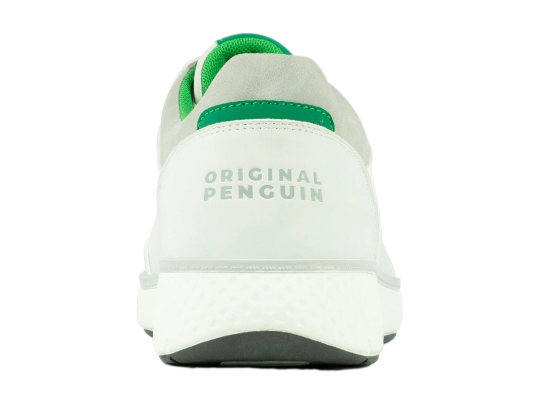 Tenis blancos PENGUIN GORAN con detalles en color verde y suela blanca.