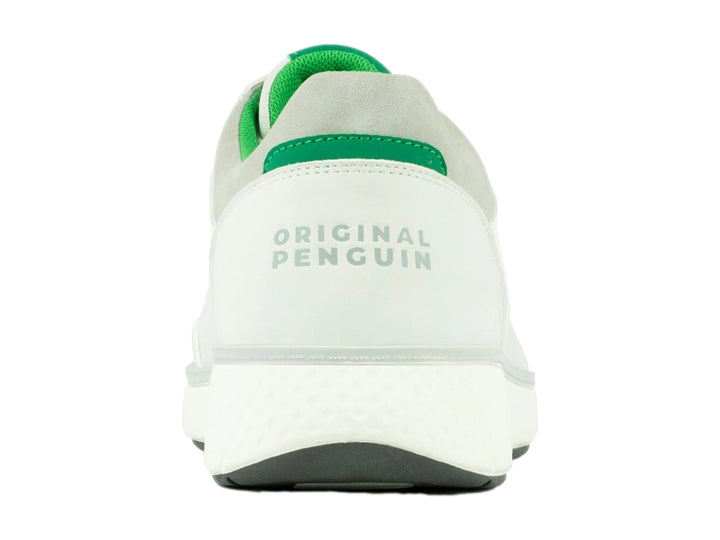 Tenis blancos PENGUIN GORAN con detalles en color verde y suela blanca.