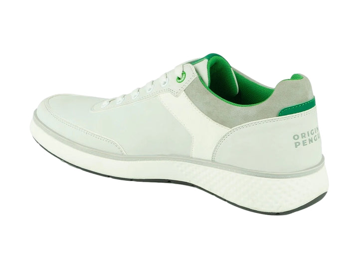 Tenis blancos PENGUIN GORAN con detalles en color verde y suela blanca.