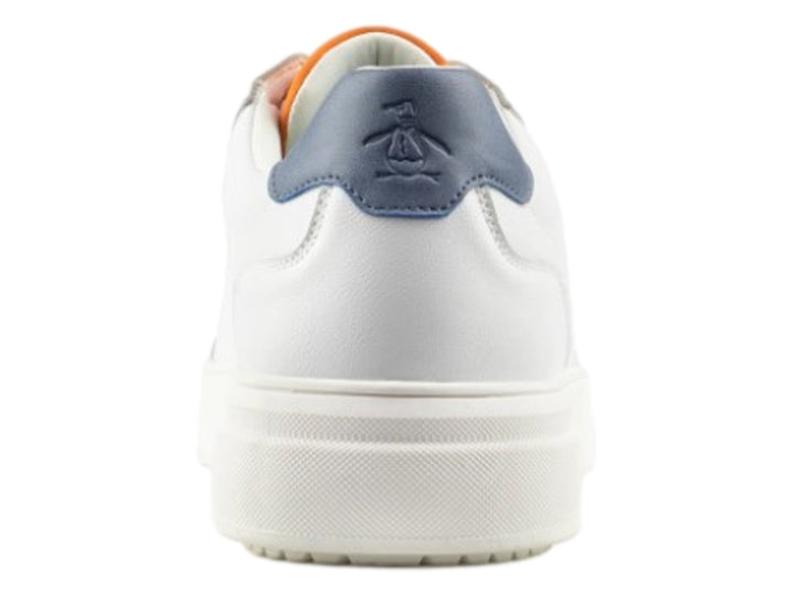 Tenis Penguin blancos con detalles en gris en la punta, talón azul y interior naranja.