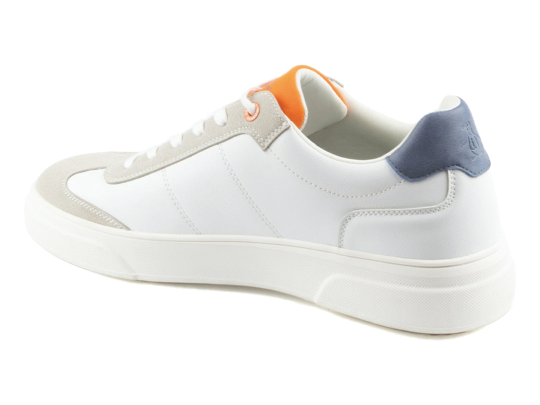 Tenis Penguin blancos con detalles en gris en la punta, talón azul y interior naranja.