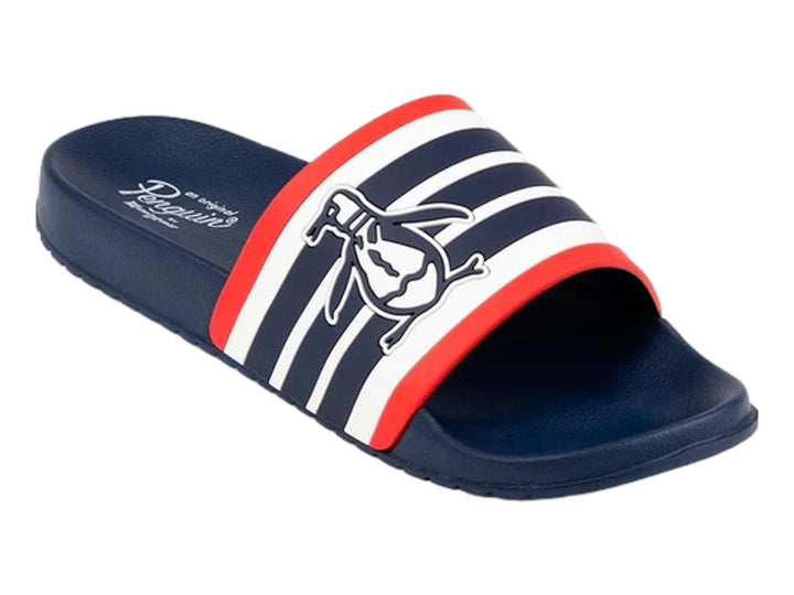 Sandalia deslizante marca Penguin en color marino con banda superior a rayas blancas y rojas y logo de pingüino.