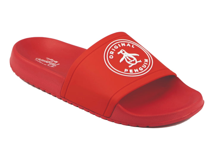 Sandalia deslizante color rojo de la marca Original Penguin con logo blanco en la banda superior.