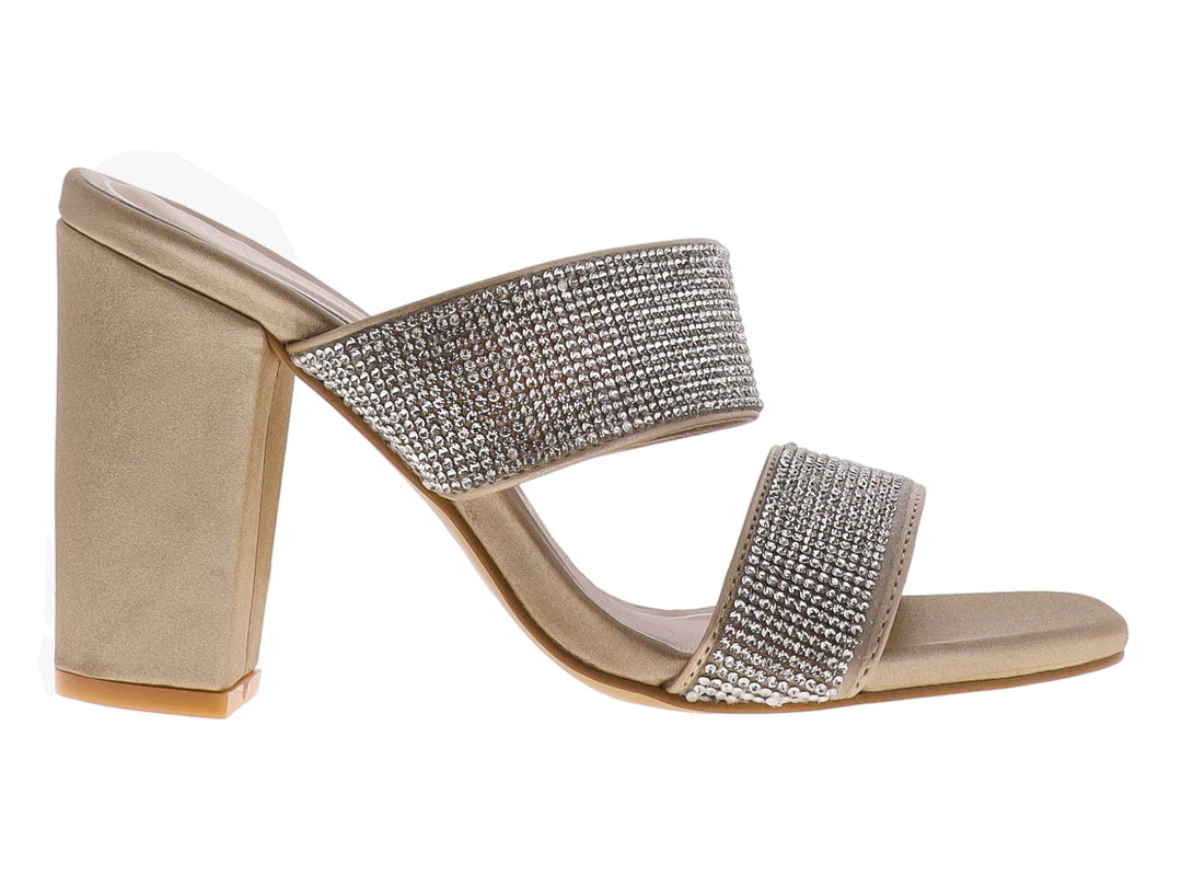 Sandalia color oro con tacón cuadrado y dos bandas decoradas con pedrería brillante para mujer.
