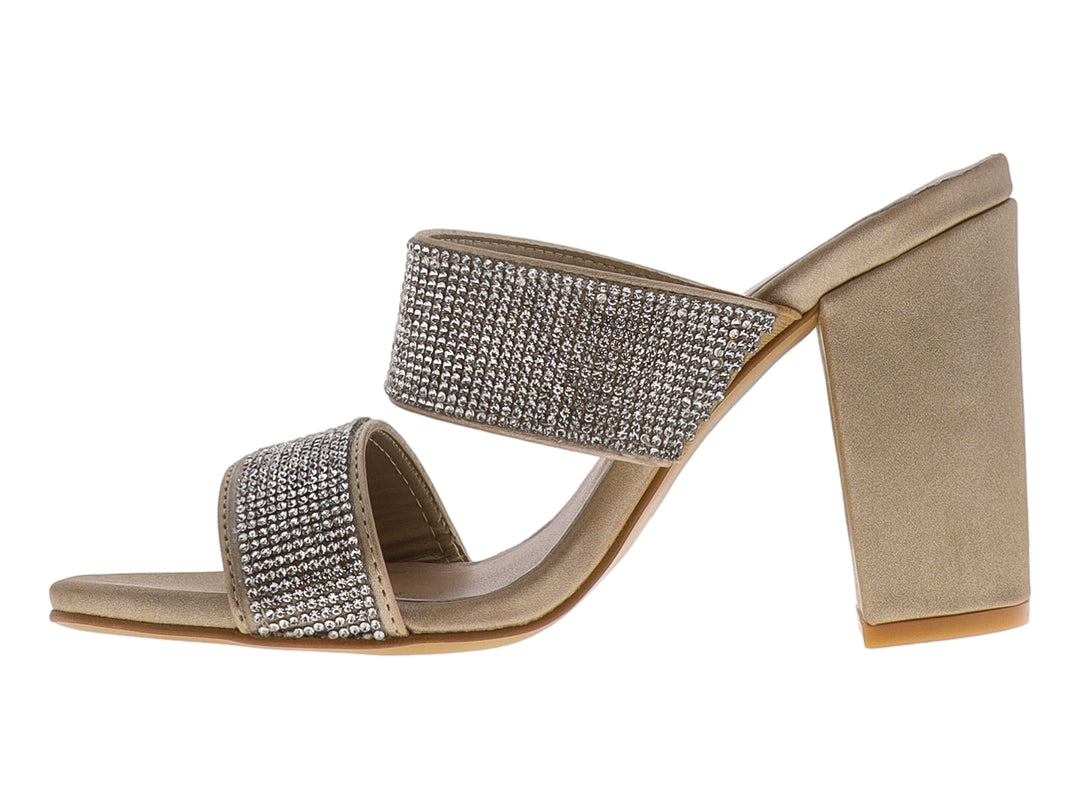 Sandalia color oro con tacón cuadrado y dos bandas decoradas con pedrería brillante para mujer.