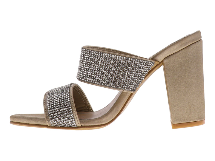 Sandalia color oro con tacón cuadrado y dos bandas decoradas con pedrería brillante para mujer.
