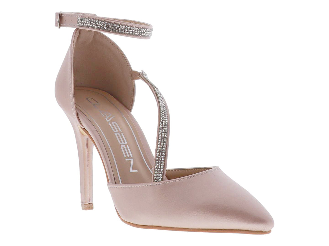 Zapato de tacón alto color oro rosado con punta fina y correas decoradas con cristales brillantes para mujer.