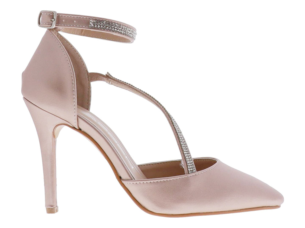 Zapato de tacón alto color oro rosado con punta fina y correas decoradas con cristales brillantes para mujer.