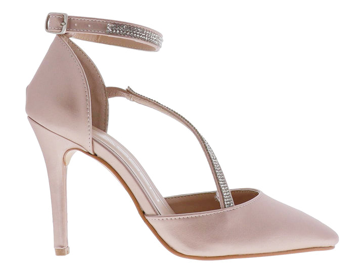 Zapato de tacón alto color oro rosado con punta fina y correas decoradas con cristales brillantes para mujer.