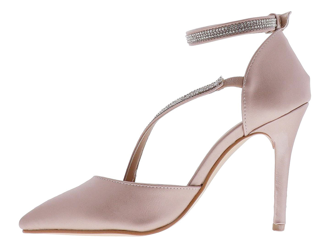 Zapato de tacón alto color oro rosado con punta fina y correas decoradas con cristales brillantes para mujer.