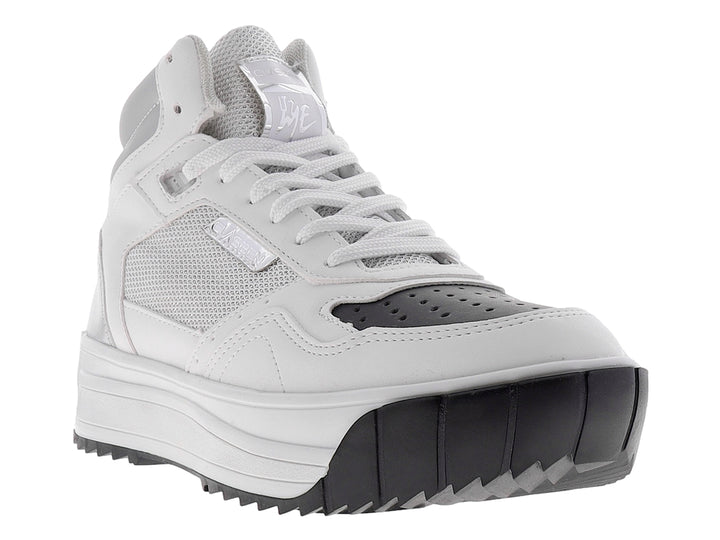 Tenis blancos de plataforma con suela negra y detalles de malla lateral.