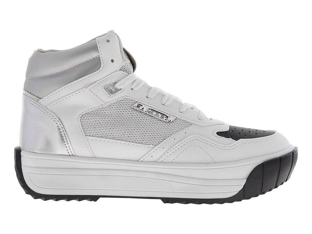Tenis blancos de plataforma con suela negra y detalles de malla lateral.