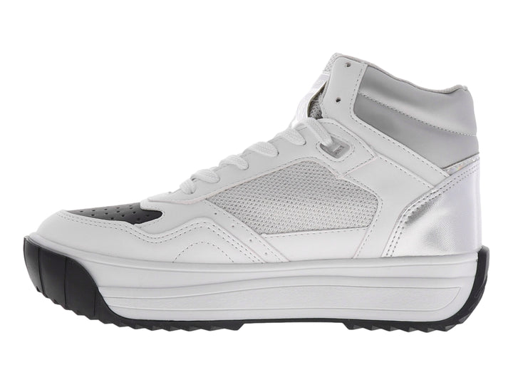 Tenis blancos de plataforma con suela negra y detalles de malla lateral.