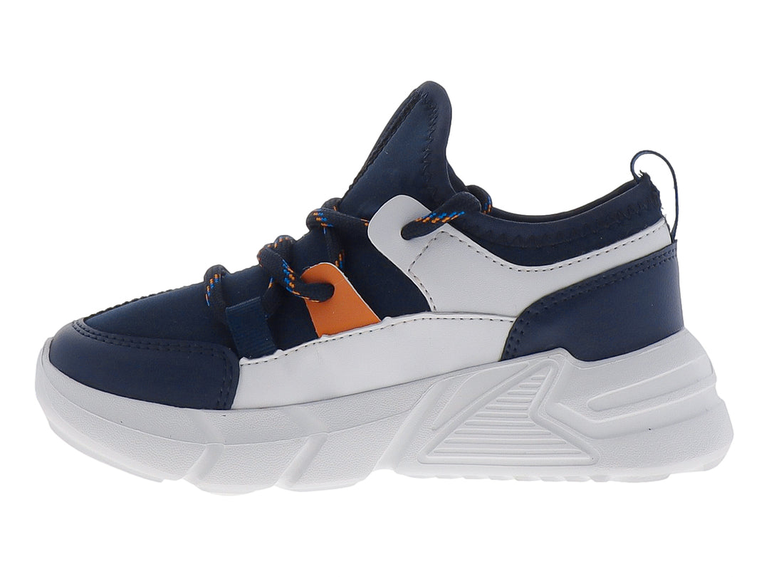 Zapatos deportivos para niño marca YUYIN en colores azul marino, blanco y detalles naranja con suela blanca robusta.