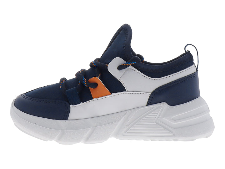 Zapatos deportivos para niño marca YUYIN en colores azul marino, blanco y detalles naranja con suela blanca robusta.