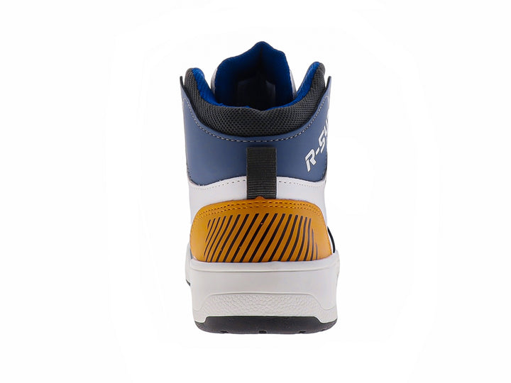 Tenis deportivos para niño en colores blanco, azul marino y detalles naranjas con cierre de correa velcro.