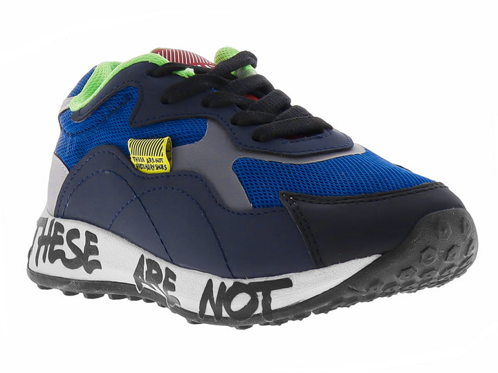 Zapato deportivo infantil color azul cobalto con detalles en blanco, negro y verde lima.