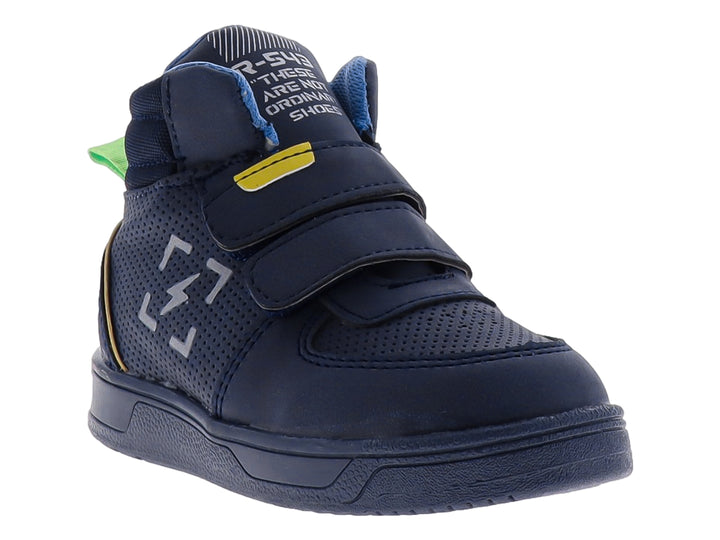 Tenis deportivos para niño en color azul marino con cierres de velcro y detalles en gris y amarillo.
