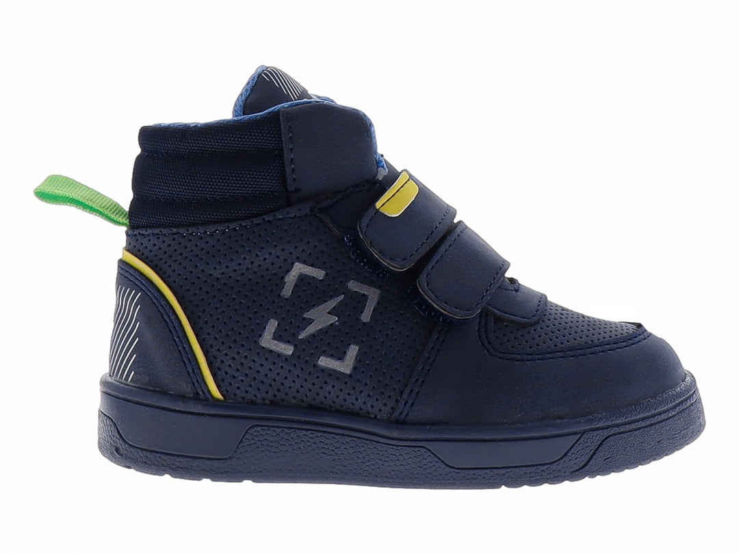 Tenis deportivos para niño en color azul marino con cierres de velcro y detalles en gris y amarillo.
