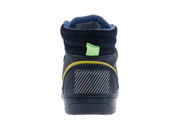Tenis deportivos para niño en color azul marino con cierres de velcro y detalles en gris y amarillo.