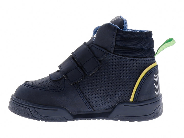 Tenis deportivos para niño en color azul marino con cierres de velcro y detalles en gris y amarillo.