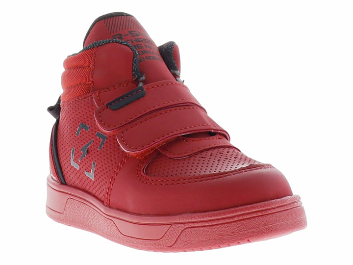 Zapato deportivo rojo para niño con cierres de velcro y detalles en azul marino.