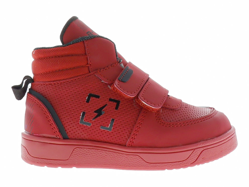 Tenis rojos para niño con cierre de velcro y detalles en gris oscuro.