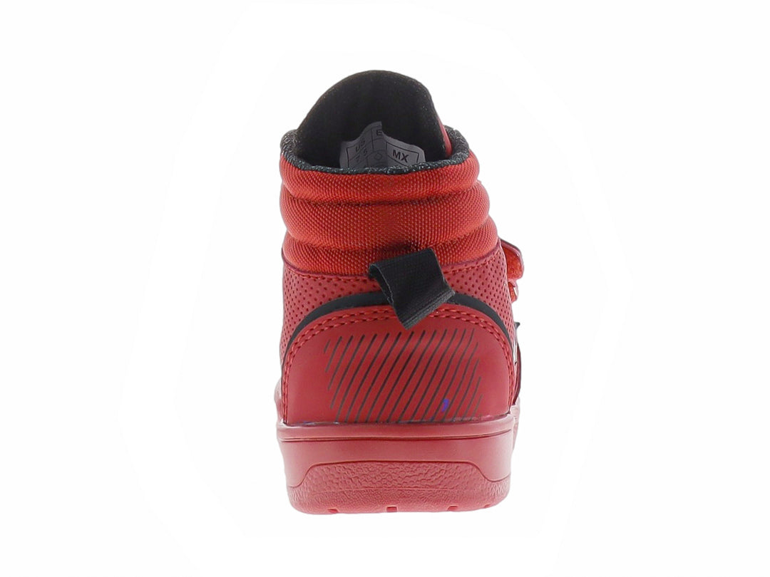 Tenis rojos para niño con cierre de velcro y detalles en gris oscuro.