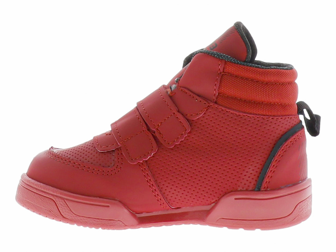 Tenis rojos para niño con cierre de velcro y detalles en gris oscuro.