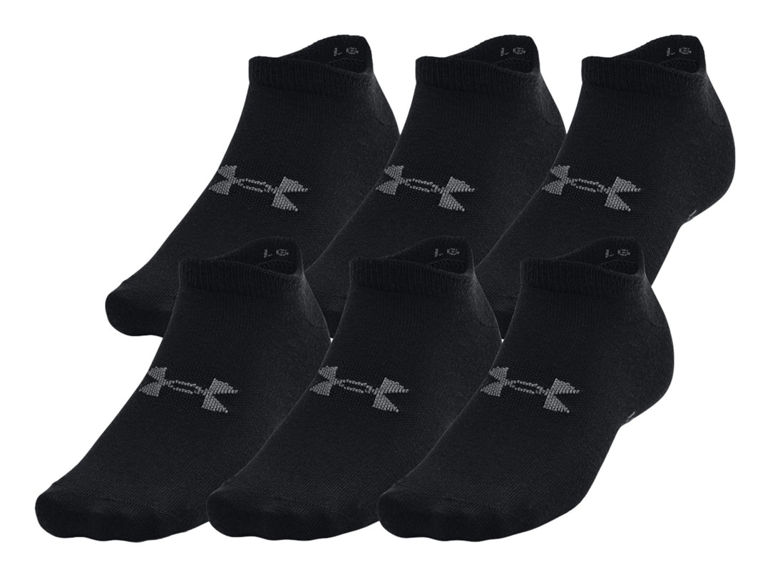 Paquete de 6 pares de calcetines Under Armour Essential No Show en color negro con logotipo gris.