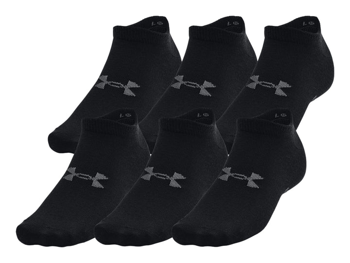 Paquete de 6 pares de calcetines Under Armour Essential No Show en color negro con logotipo gris.