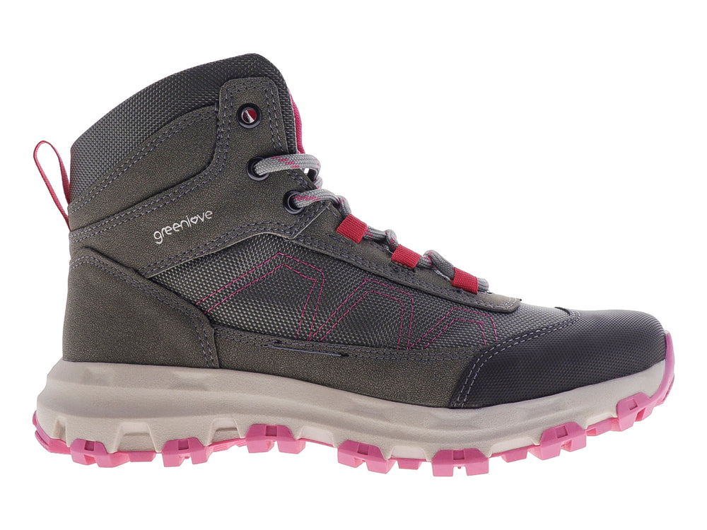 Botas deportivas Green Love en color gris con detalles y suela en rosa, diseñadas para senderismo.