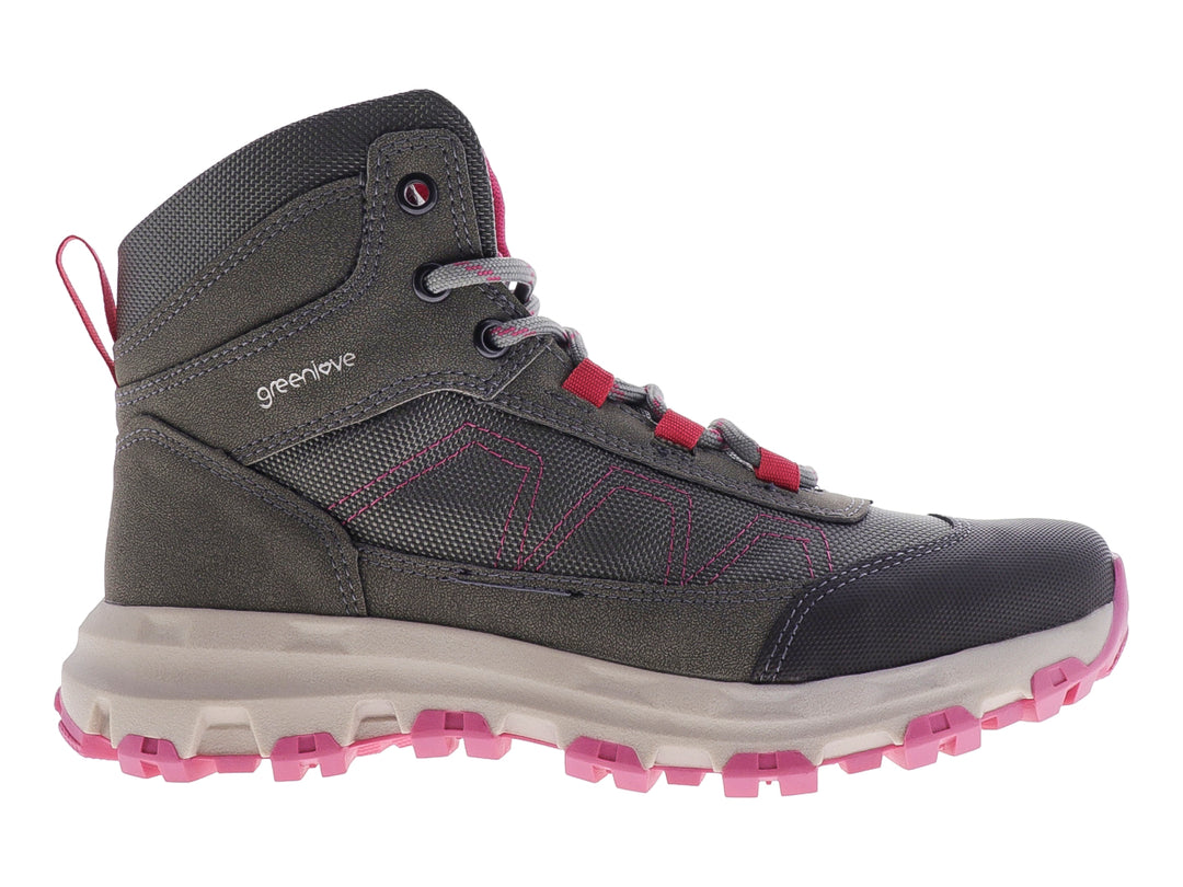 Botas deportivas Green Love en color gris con detalles y suela en rosa, diseñadas para senderismo.