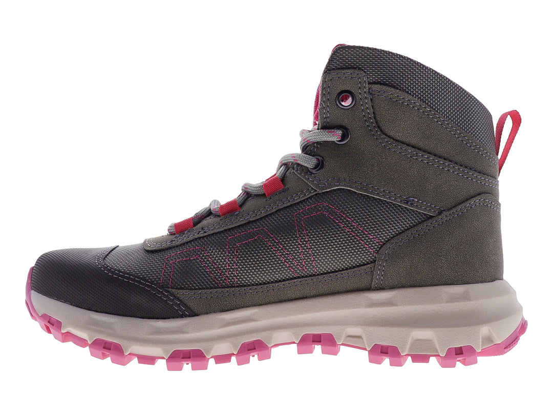 Botas deportivas Green Love en color gris con detalles y suela en rosa, diseñadas para senderismo.
